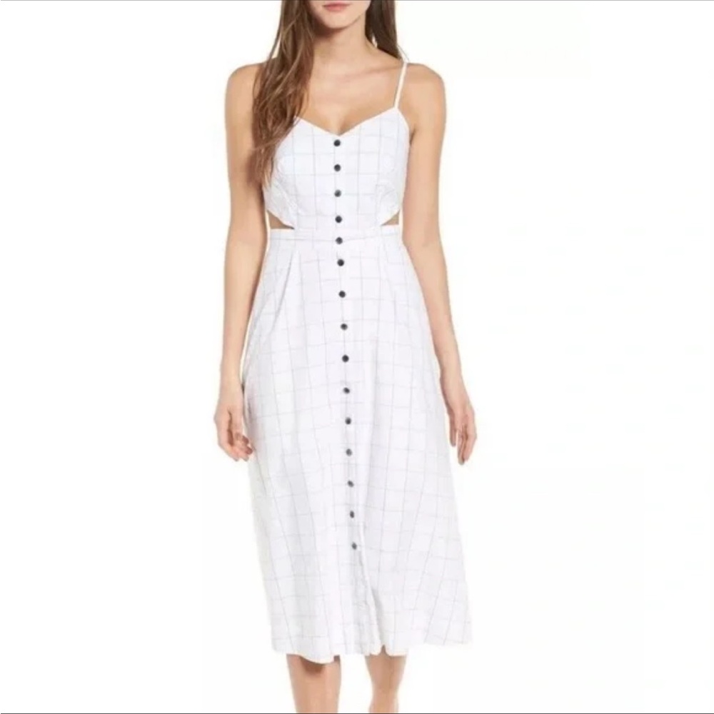 MADEWELL MIDI DRESS SZ 10 SIDE CUT OUTS, OFF WHITE WITH BLACK LINE PATTERN
